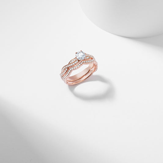 Bridal - 18K Rose Gold Round Brilliant Diamond Solitaire Entwined Band Bridal Set 0.8tdw