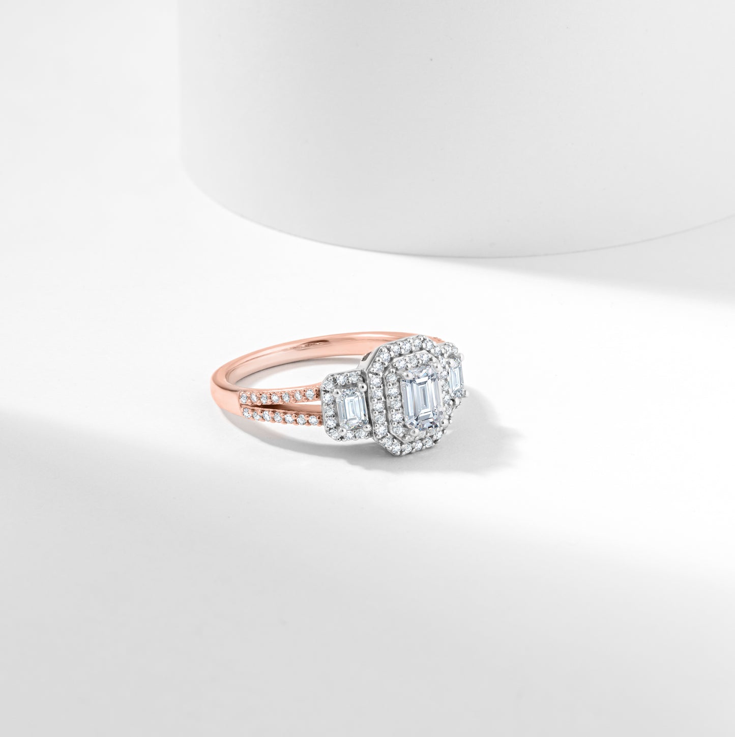 Emerald Cut Lab Grown Diamond Halo Trilogy Engagement Ring 1.0tdw