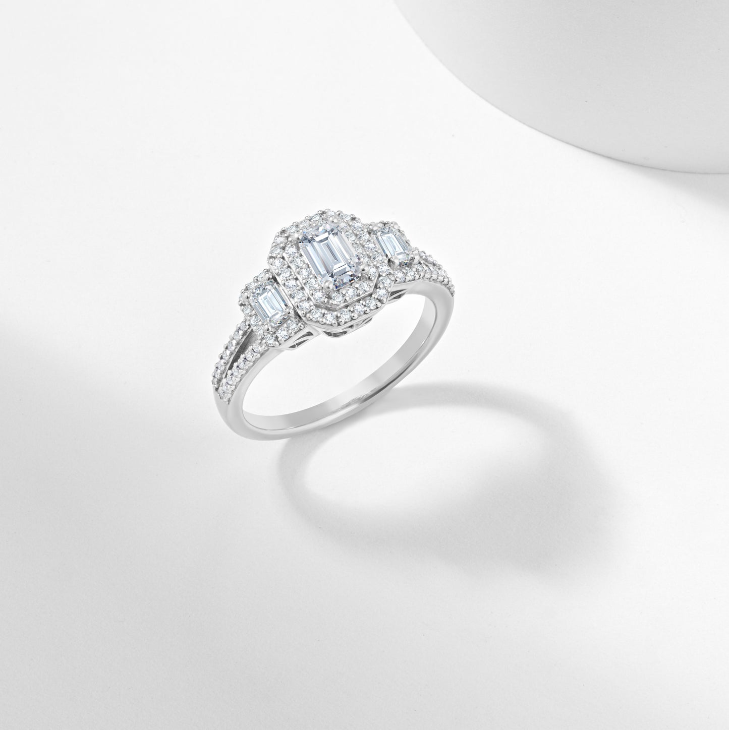 Emerald Cut Lab Grown Diamond Halo Trilogy Engagement Ring 1.0tdw