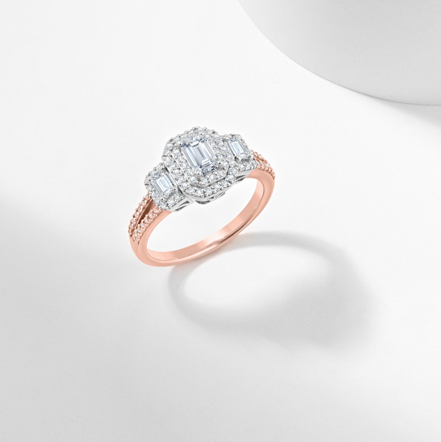 Emerald Cut Lab Grown Diamond Halo Trilogy Engagement Ring 1.0tdw