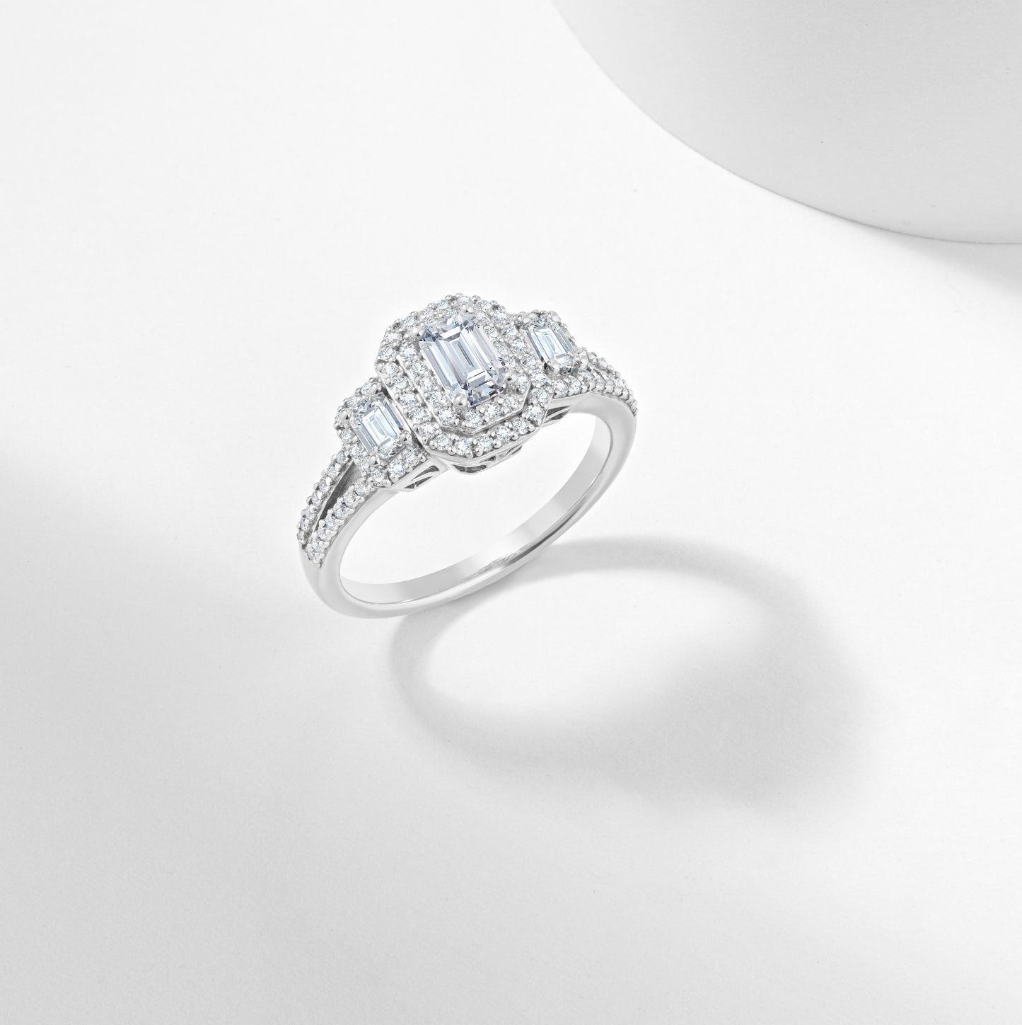 Emerald Cut Lab Grown Diamond Halo Trilogy Engagement Ring 1.0tdw