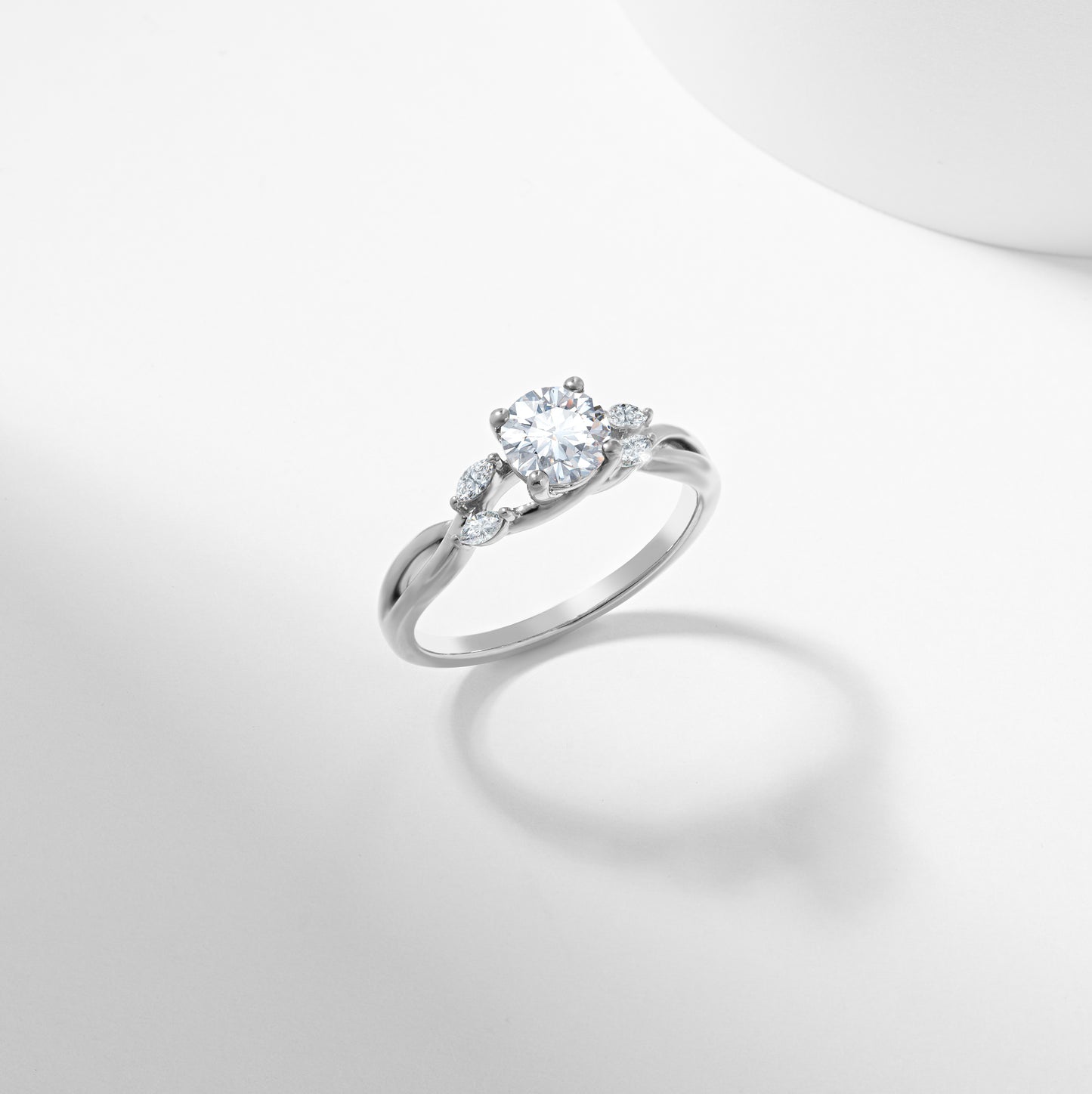 Round Brilliant Lab Grown Diamond Solitaire with Marquise Shoulder Accents Engagement Ring 1.0tdw