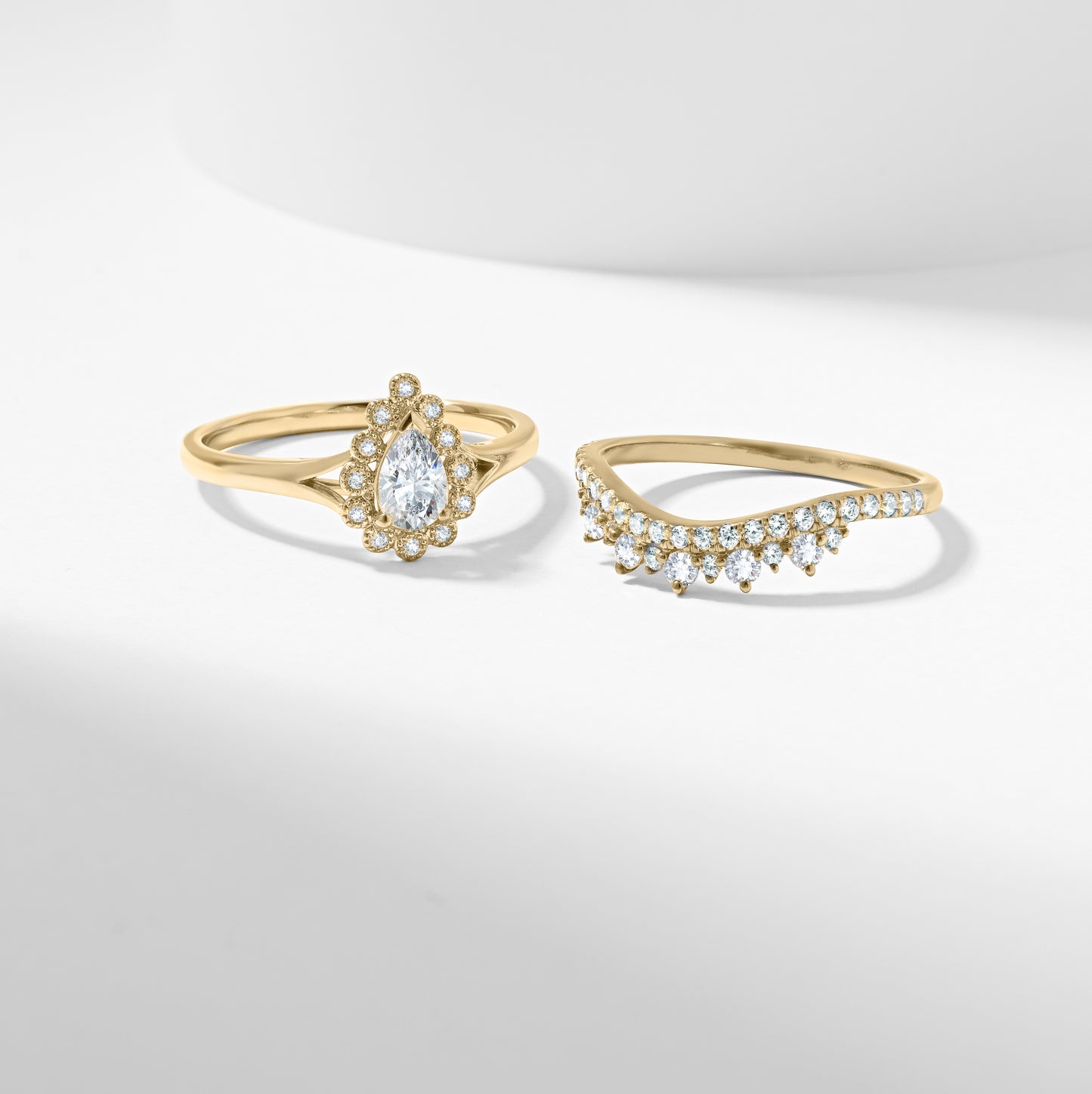 Gold Pear Diamond Halo Tiara Bridal Set 0.9tdw