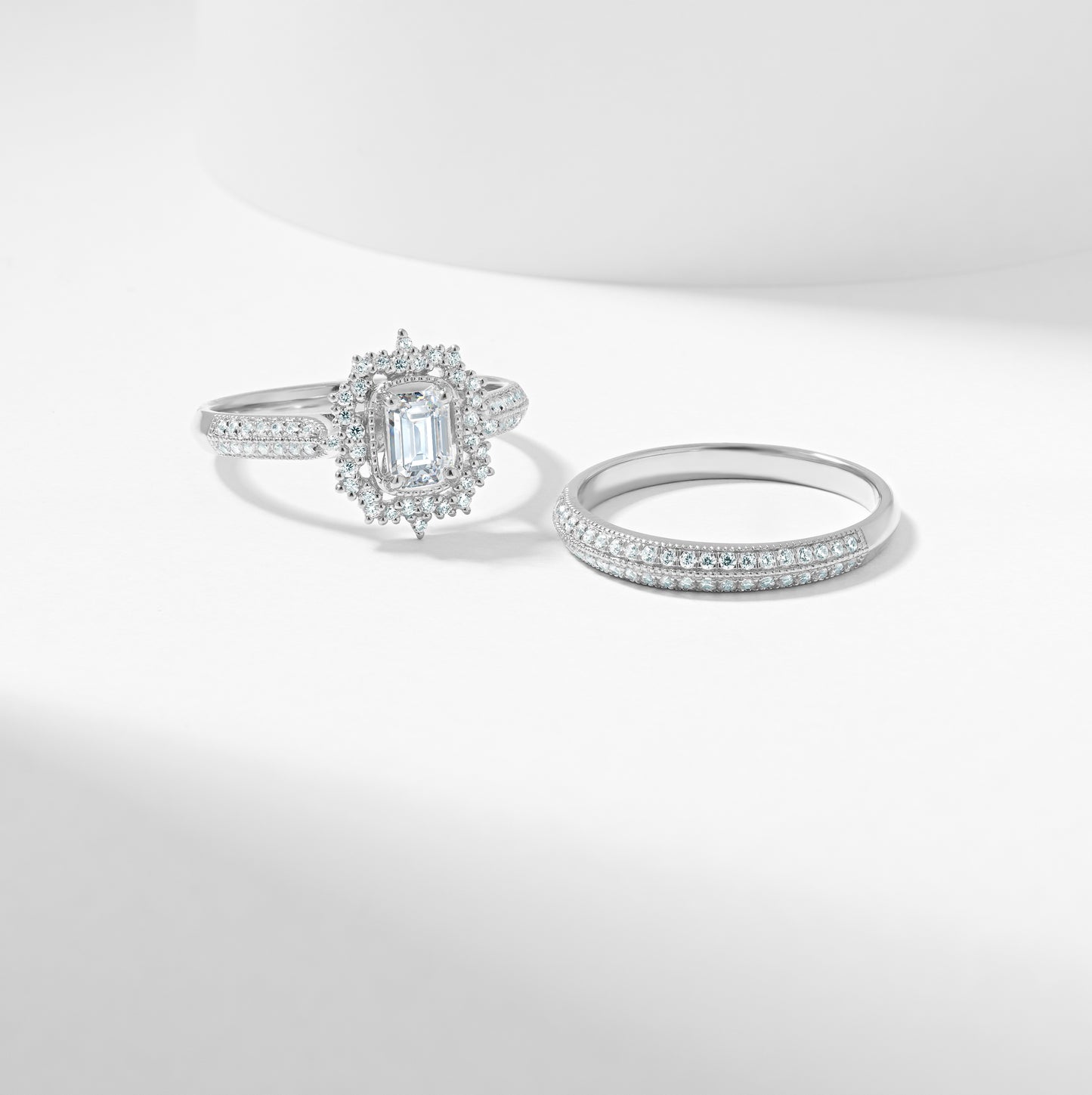 Emerald Cut Lab Grown Diamond Vintage Halo Bridal Set 1.0tdw
