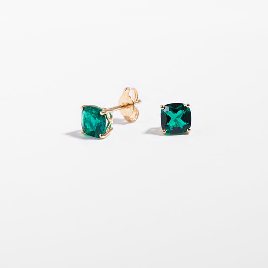 9K Yellow Gold Created Emerald May Birthstone Stud Earrings