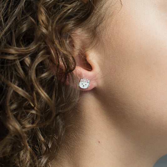 Silver white enamel cat pink enamel crystal bow stud earrings
