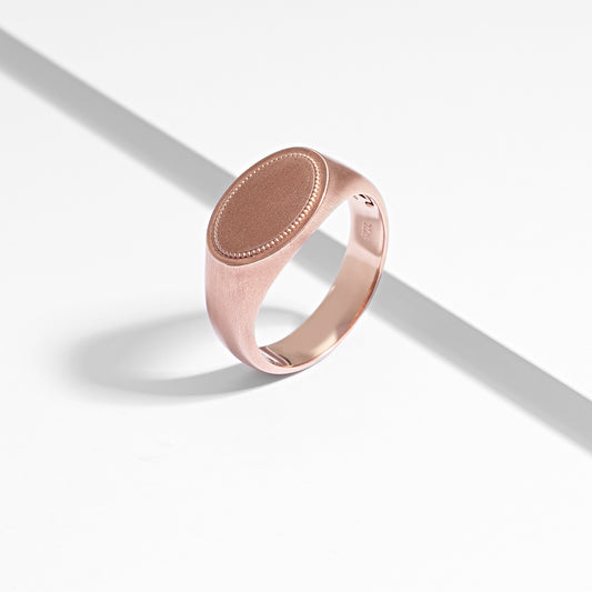 9K Rose Gold Oval Flat Top Beaded Signet Ring