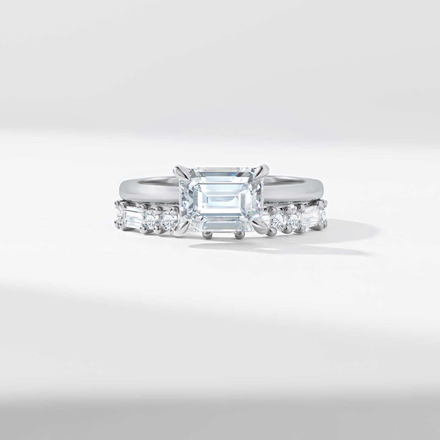 1.75ct East West Emerald Cut Lab Diamond Solitaire With Baguette And Round Brilliant Diamond Bridal Set 2.40tdw