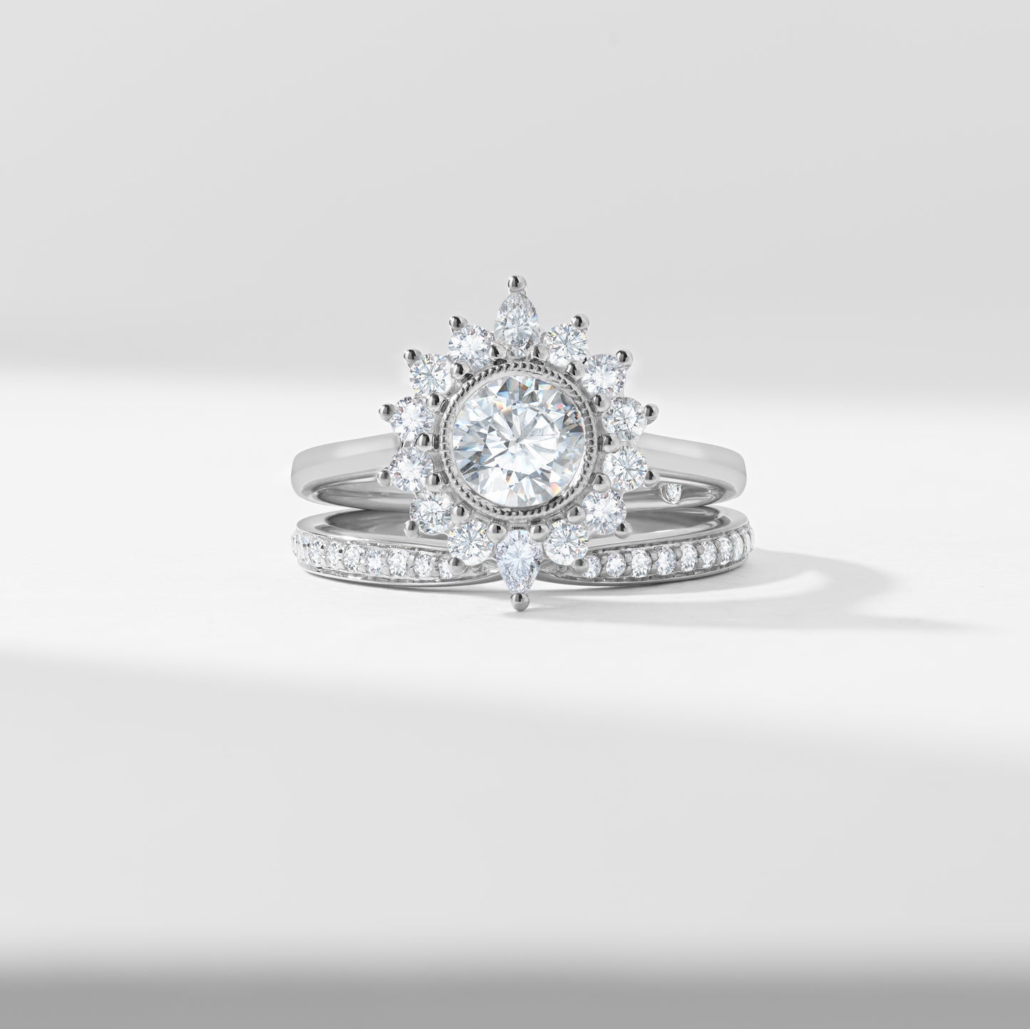 0.75ct Round Brilliant Lab Diamond Milgrain Bezel Centre With Fancy Halo Bridal Set 1.60tdw