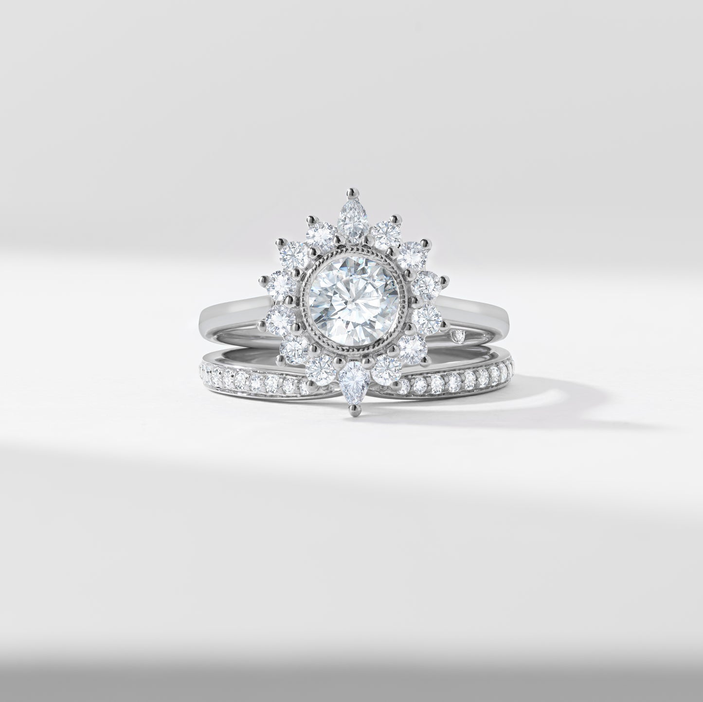 0.75ct Round Brilliant Lab Diamond Milgrain Bezel Centre With Fancy Halo Bridal Set 1.60tdw