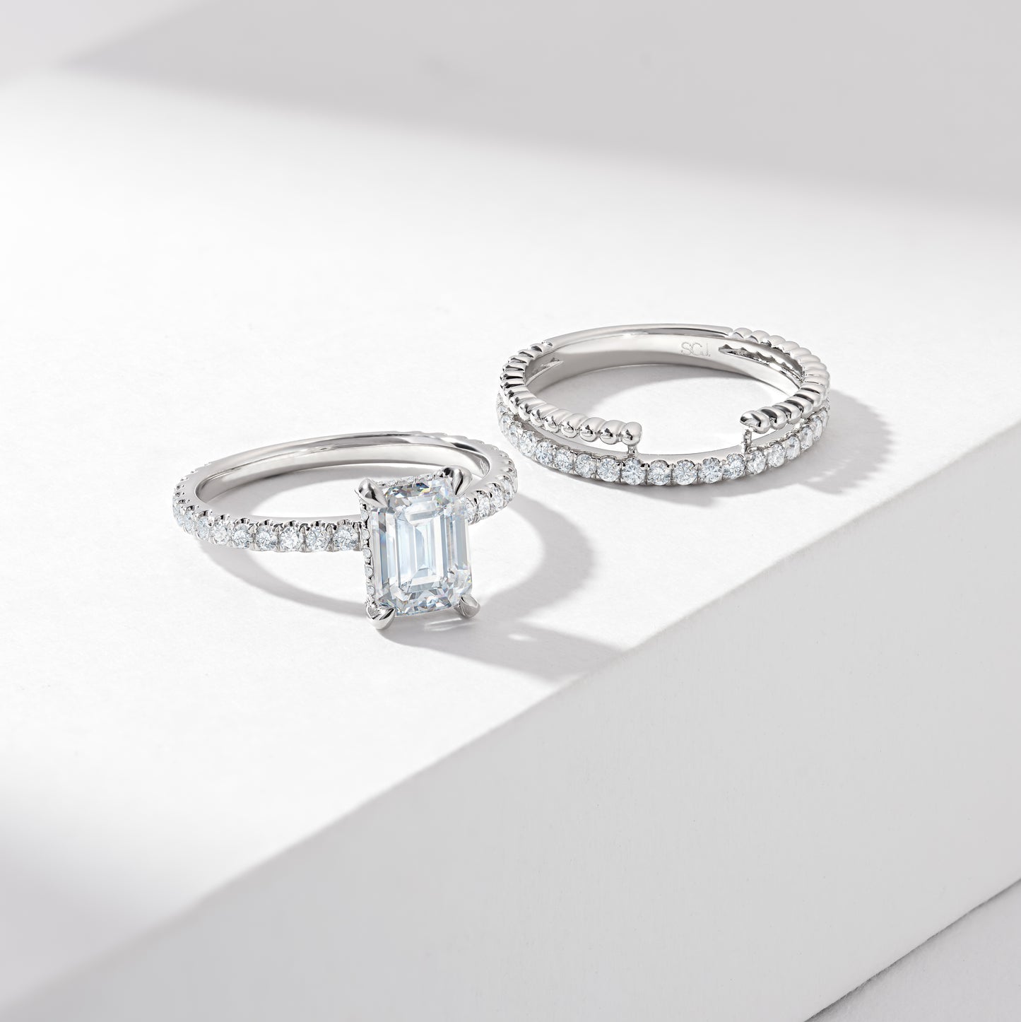 2.0ct Emerald Cut Diamond Solitaire With Hidden Halo And Shoulders Bridal Set 2.9tdw