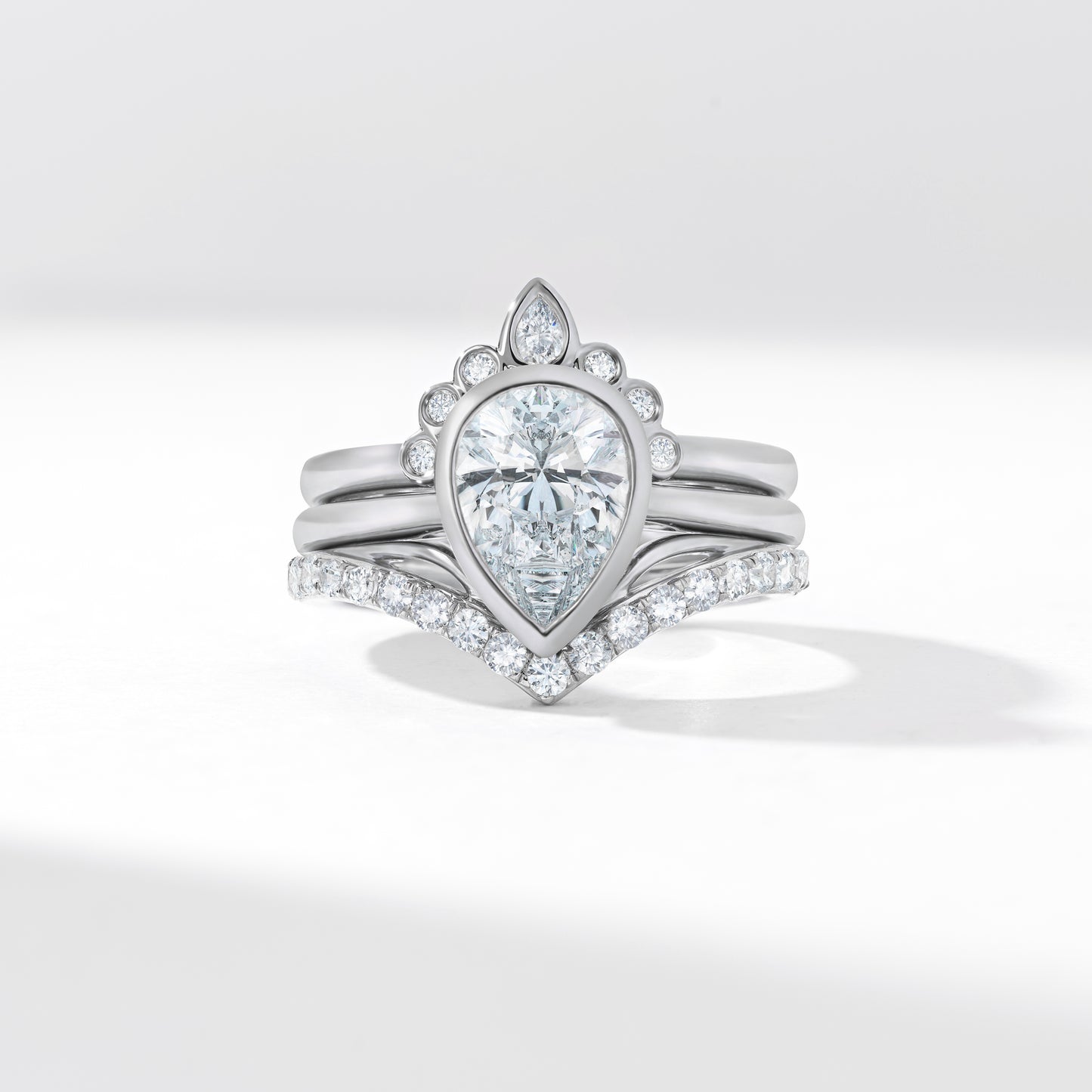 Platinum 2.0ct Pear Lab Diamond Bezel Set With Contouring Wedding And Eternity Rings Bridal Set 2.50tdw
