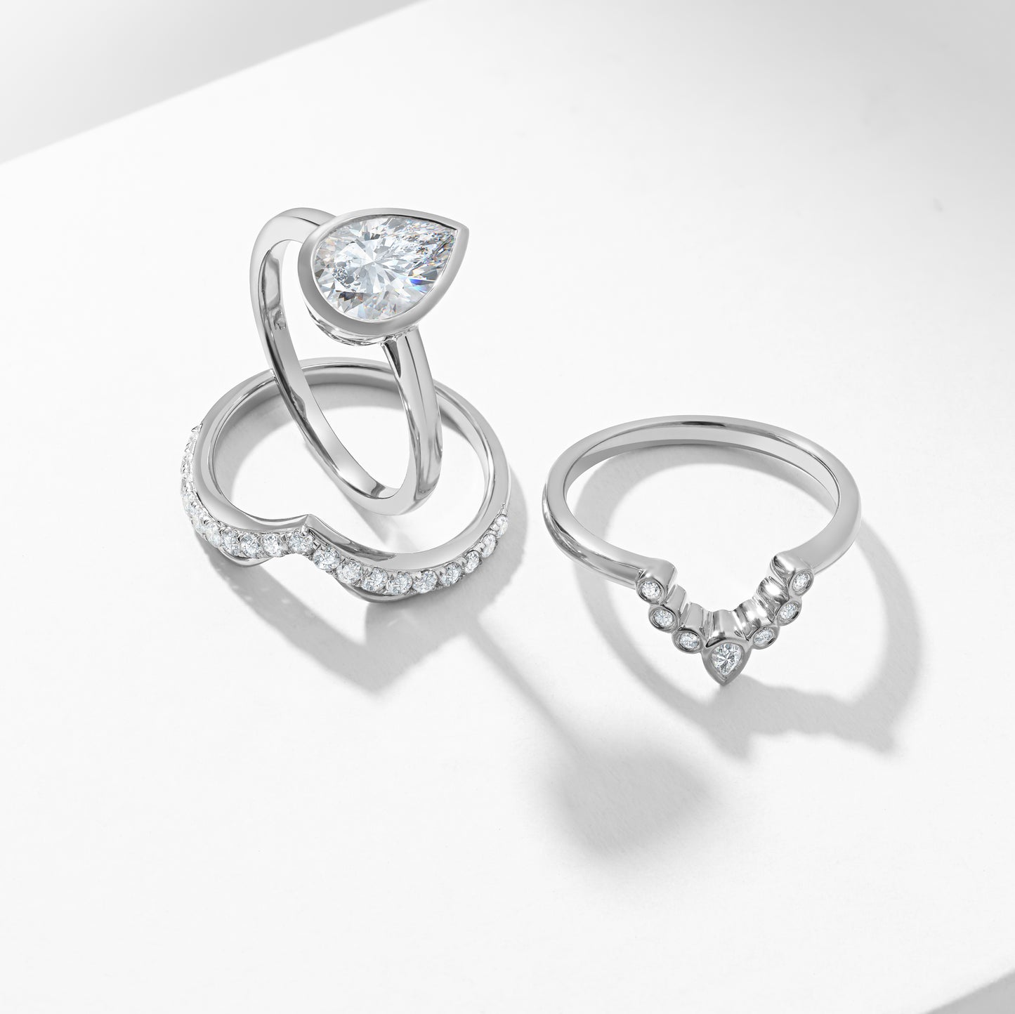 Platinum 2.0ct Pear Lab Diamond Bezel Set With Contouring Wedding And Eternity Rings Bridal Set 2.50tdw