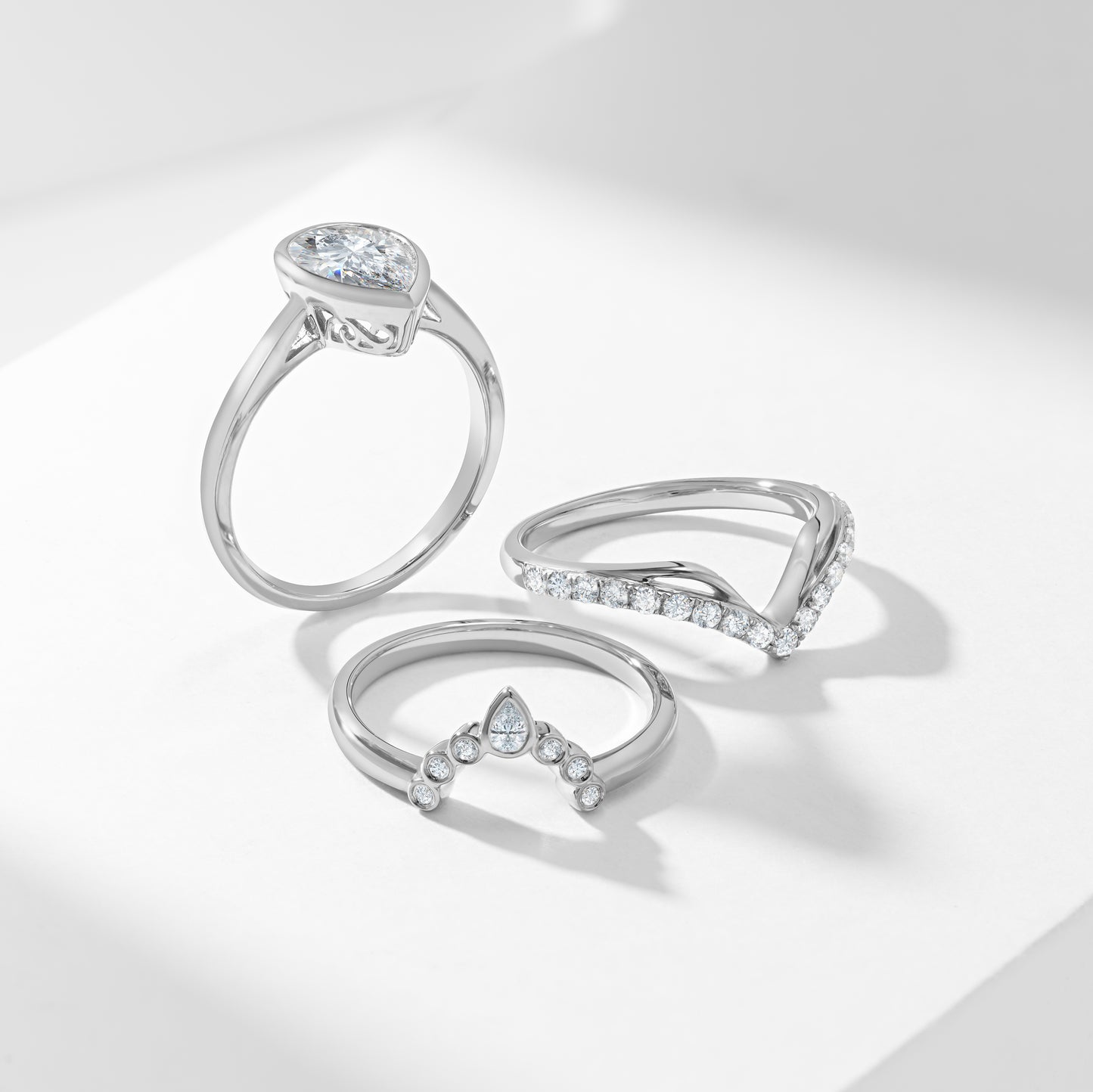 Platinum 2.0ct Pear Lab Diamond Bezel Set With Contouring Wedding And Eternity Rings Bridal Set 2.50tdw