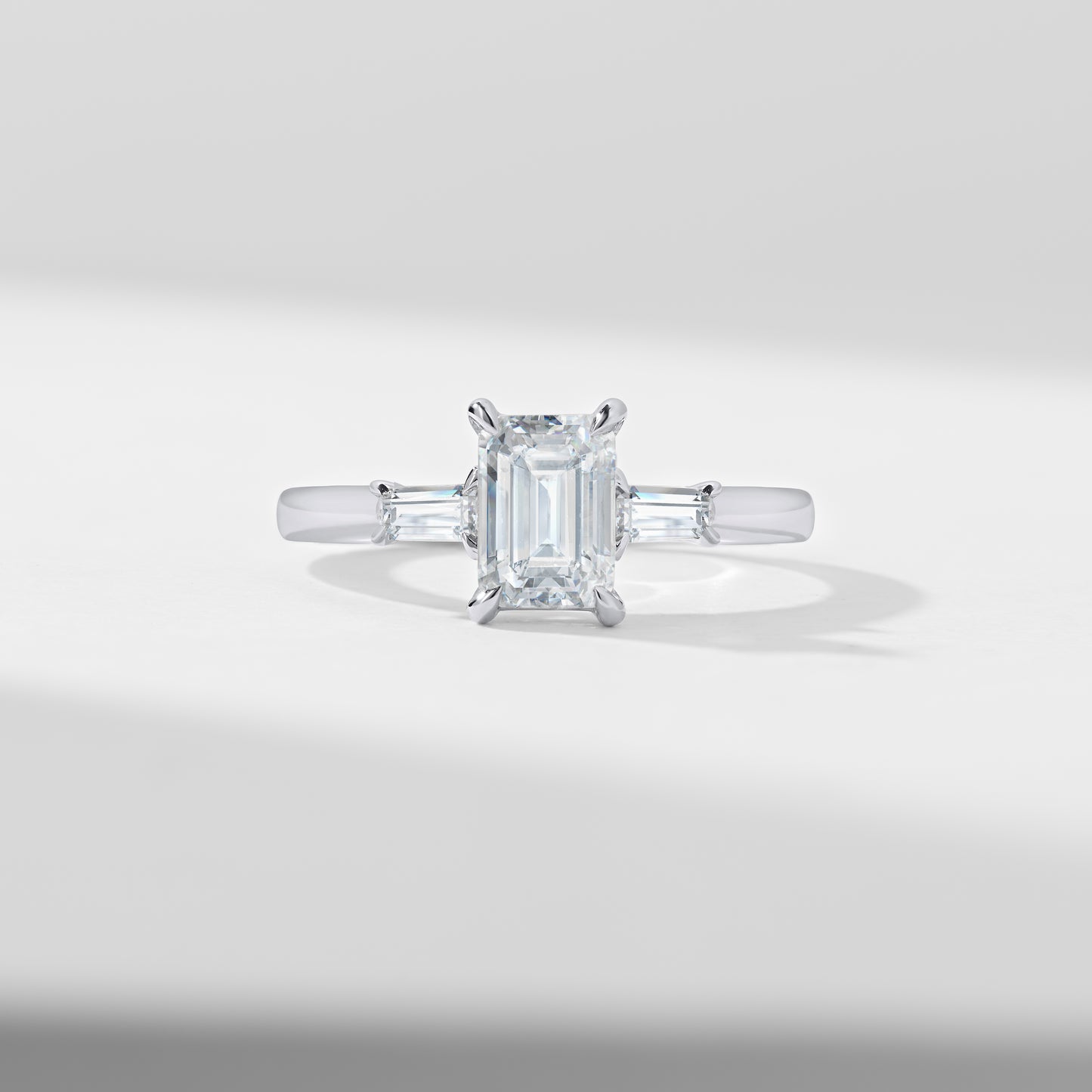 1.5ct Emerald Cut Lab Diamond With Tapered Baguette Shoulders Trilogy Ring 1.62tdw