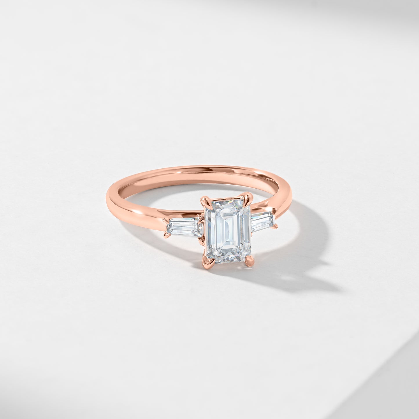 1.5ct Emerald Cut Lab Diamond With Tapered Baguette Shoulders Trilogy Ring 1.62tdw