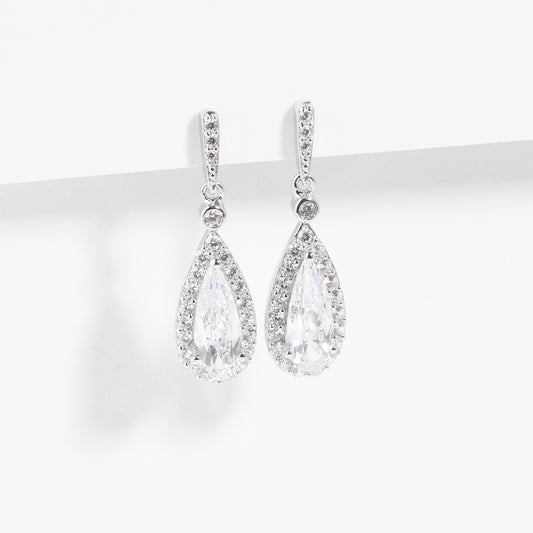 Sterling Silver Zirconia Pear Halo Drop Stud Earrings