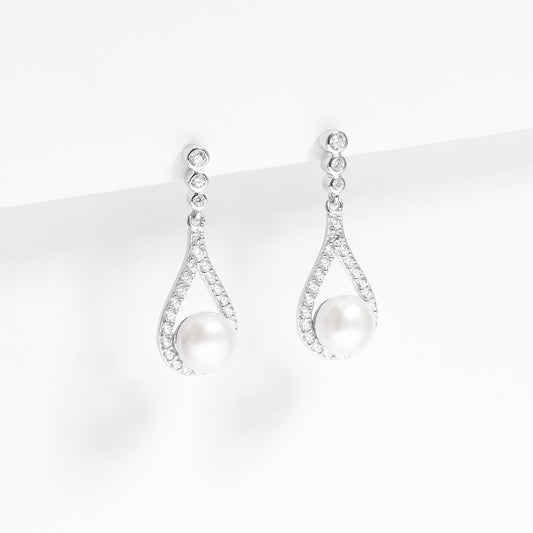 Sterling Silver Pearl Zirconia Teardrop Stud Earrings