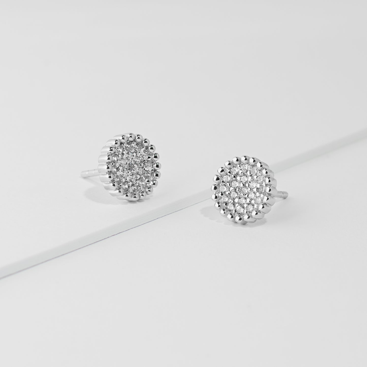 Sterling Silver Zirconia Pave Crown Set Stud Earrings 8.7mm