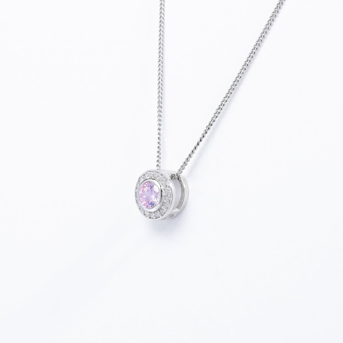 Sterling Silver Bezel Pink Zirconia Halo Slider Pendant