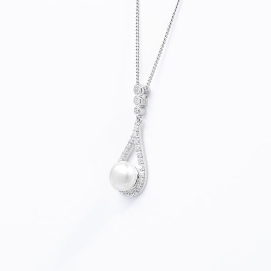 Sterling Silver Pearl Zirconia Teardrop Pendant