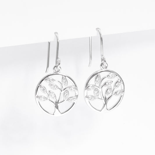 Sterling Silver Zirconia Tree of Life Drop Earrings
