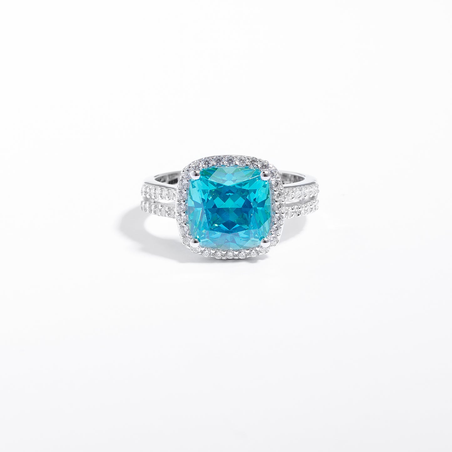Sterling Silver Aqua Zirconia Cushion Split Shank Ring