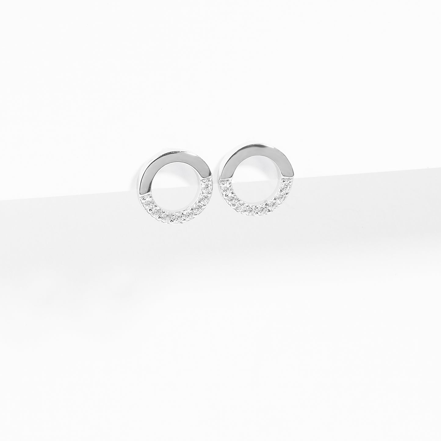 Sterling Silver Circle Half Zirconia Stud Earrings