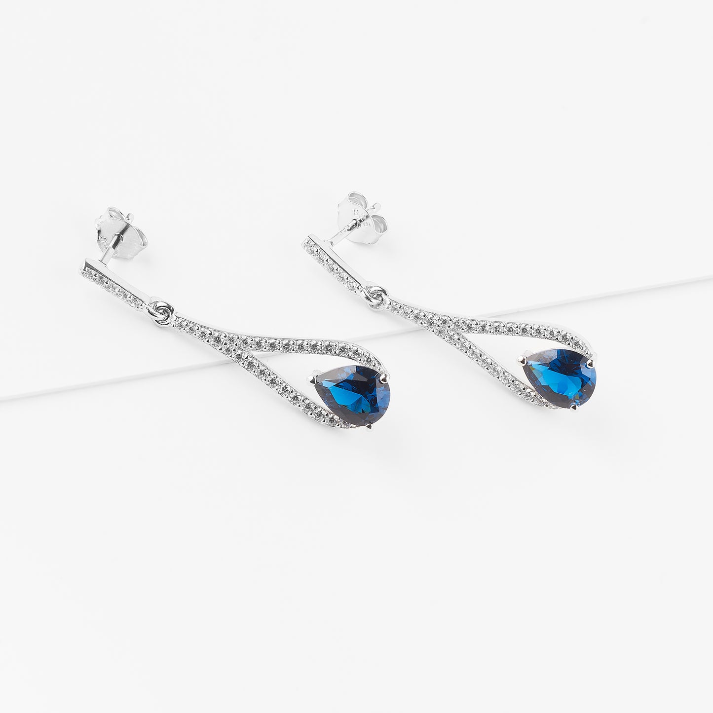 Sterling Silver Zirconia London Blue Pear And White Halo Drop Stud Earrings 35mm