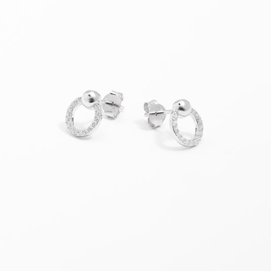 Sterling Silver Zirconia Open Circle Stud Earrings With Plain Ball