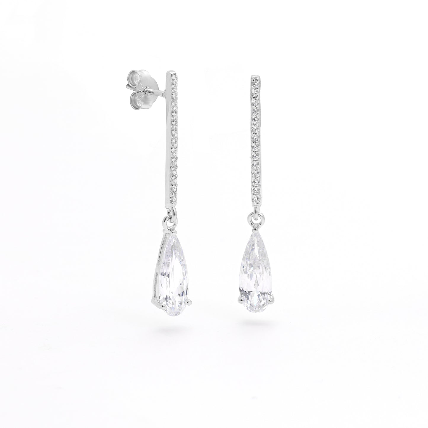 Sterling Silver Zirconia Long Bar With Pear Drop Stud Earrings 37mm