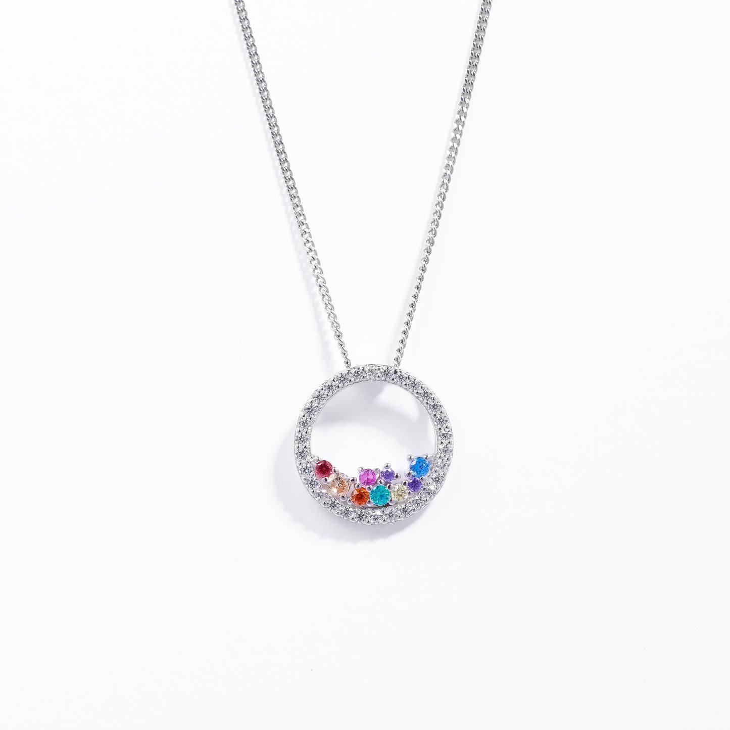 Sterling Silver Scattered Bright Coloured Zirconia Open Circle Pendant