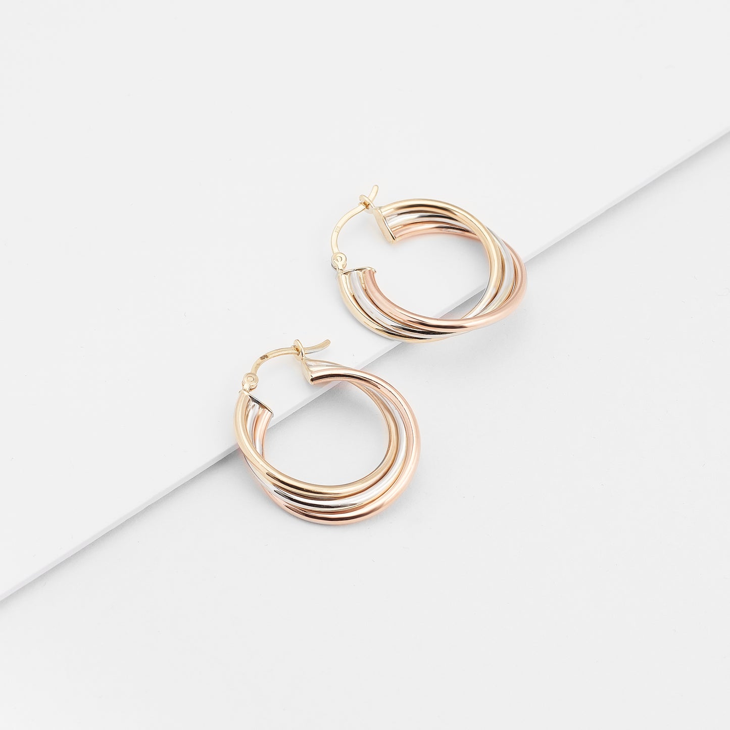 9K Yellow, Rose And White Gold Twist Hoop Earrings 22mm