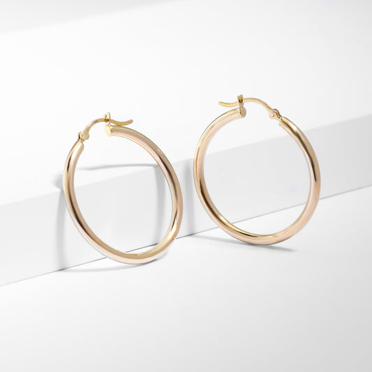 9K Yellow Gold Round Plain Hoop Earrings 25mm