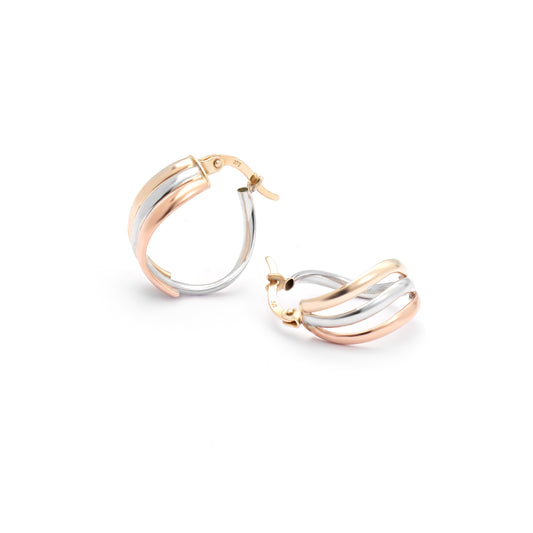 9K Yellow, Rose And White Gold Wave Hoop Earrings