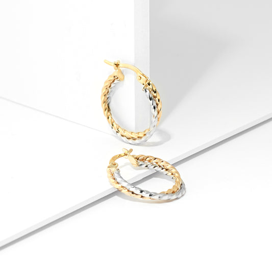 9K Yellow and White Gold Crossover Hoop Earrings