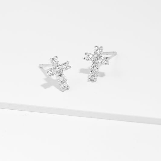 9K White Gold Zirconia Cross Stud Earrings