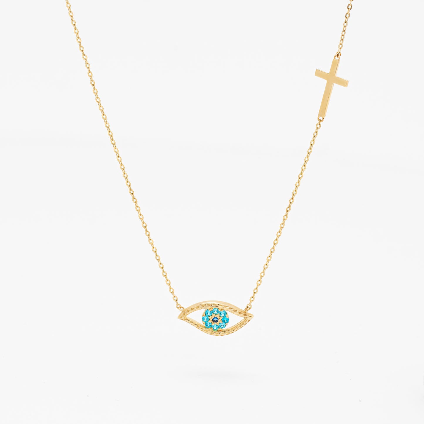 9K Yellow Gold Zirconia Evil Eye And Cross Necklace