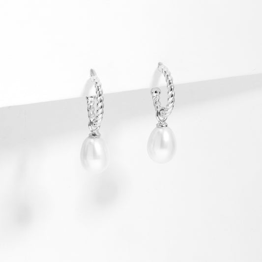 Sterling Silver Twist Hoop Earrings With Freshwater Pearl Drop