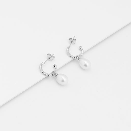 Sterling Silver Twist Hoop Earrings With Freshwater Pearl Drop