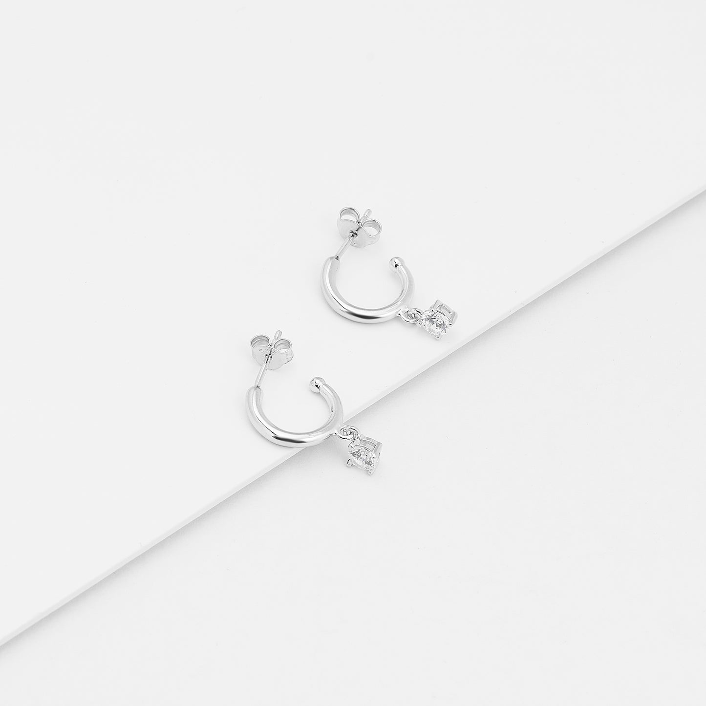 Sterling Silver Half Hoop Earrings With Zirconia Drop