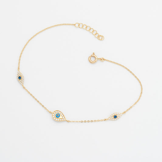 9K Yellow Gold Zirconia and Blue Sapphire Evil Eye Bracelet 19cm