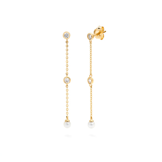 9K Yellow Gold Zirconia And Pearl Drop Stud Earrings 40mm