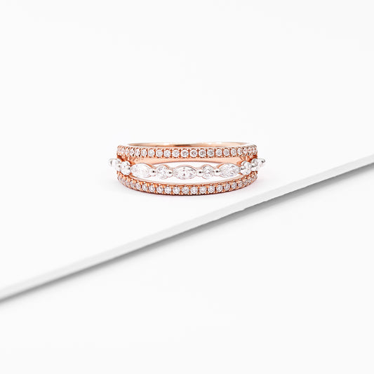 9K Rose Gold Marquise And Round Brilliant Lab Diamond Floating Centre 3 Row Band Ring 0.70tdw