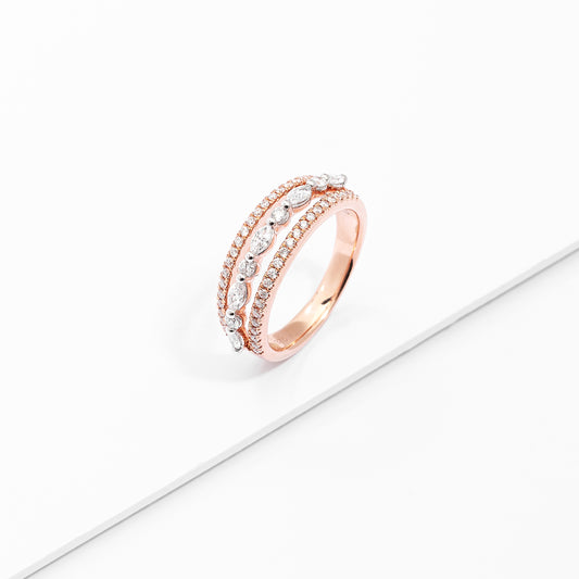 9K Rose Gold Marquise And Round Brilliant Lab Diamond Floating Centre 3 Row Band Ring 0.70tdw