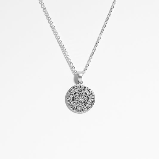 Sterling Silver Fancy Mandala Embossed Round Disc Pendant 15mm