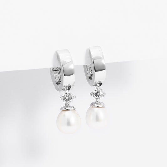 Sterling Silver Zirconia And Freshwater Pearl Huggie Earrings