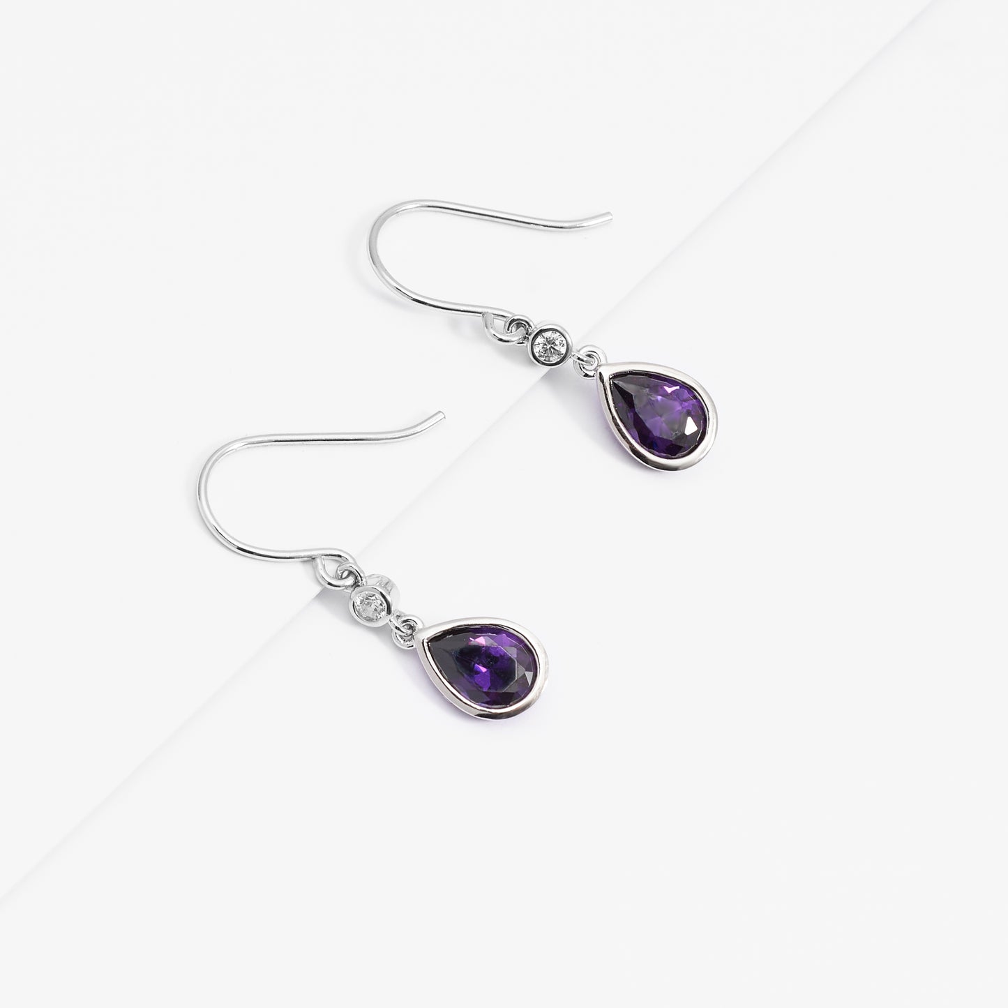 Sterling Silver Purple Pear And Round Zirconia Bezel Shepherd Hook Earrings