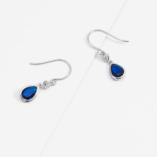 Sterling Silver Blue Pear And Round Zirconia Bezel Shepherd Hook Earrings