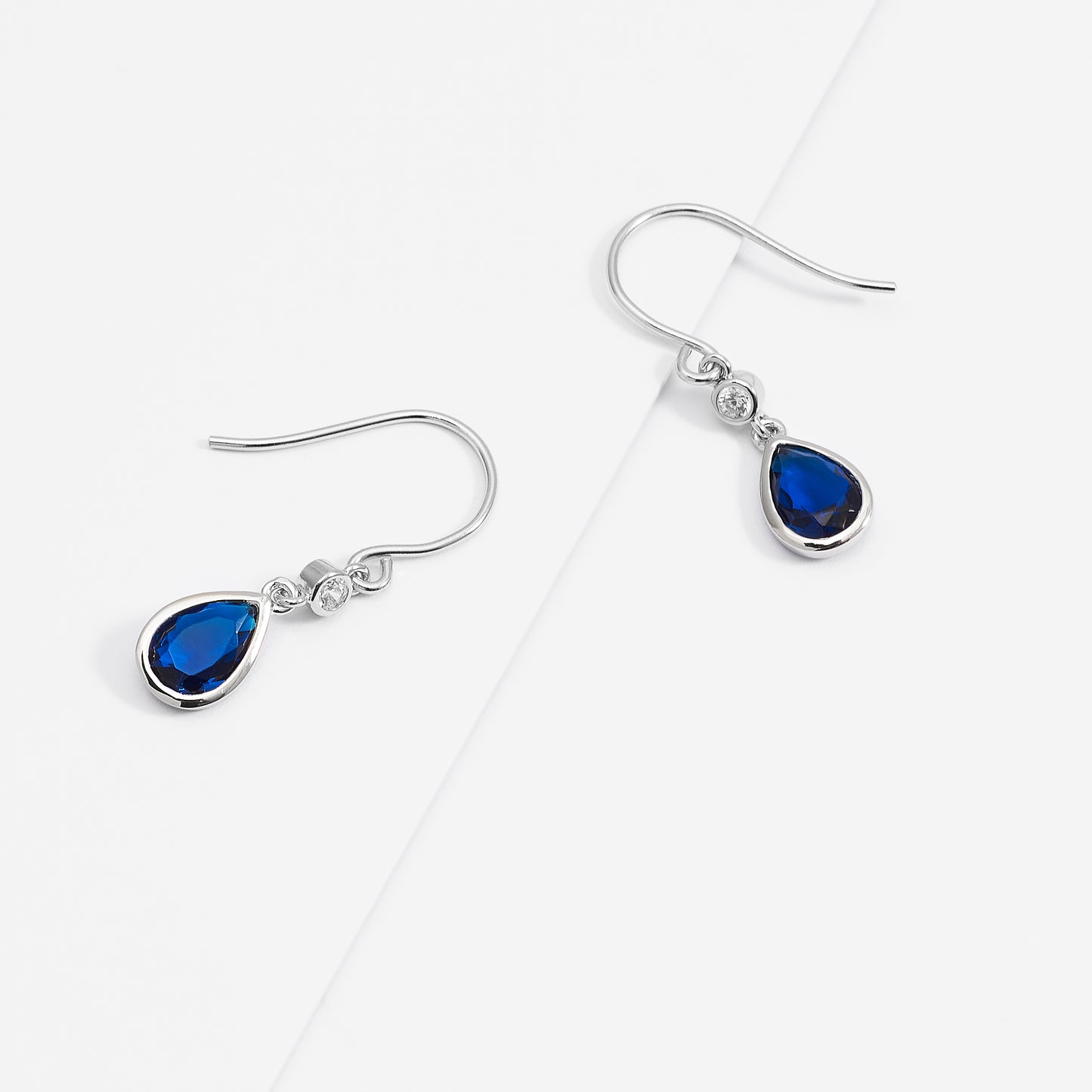 Sterling Silver Blue Pear And Round Zirconia Bezel Shepherd Hook Earrings